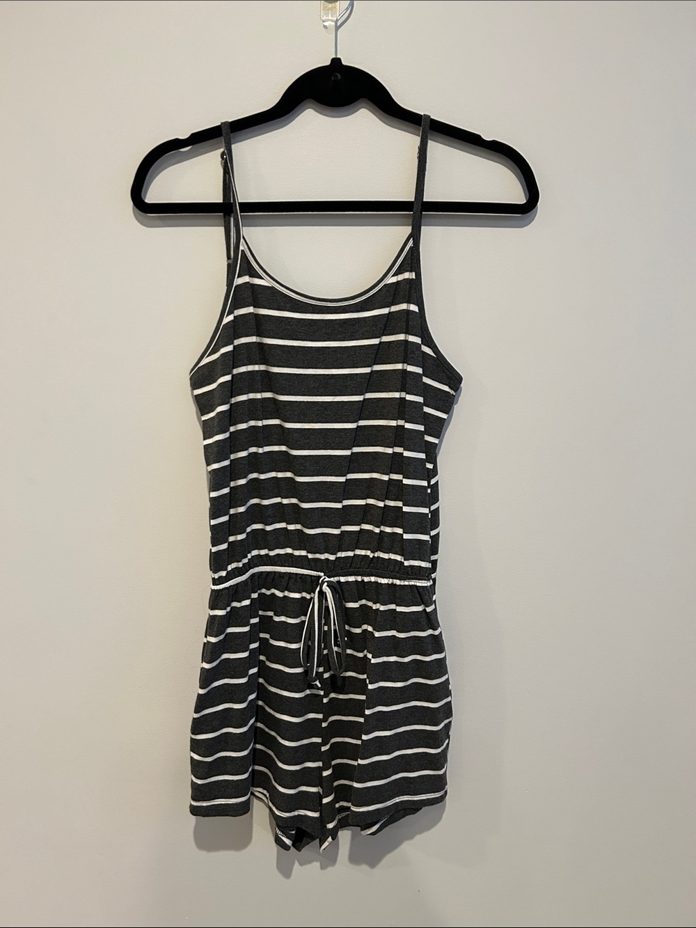 Striped Drawstring Romper - Black & White